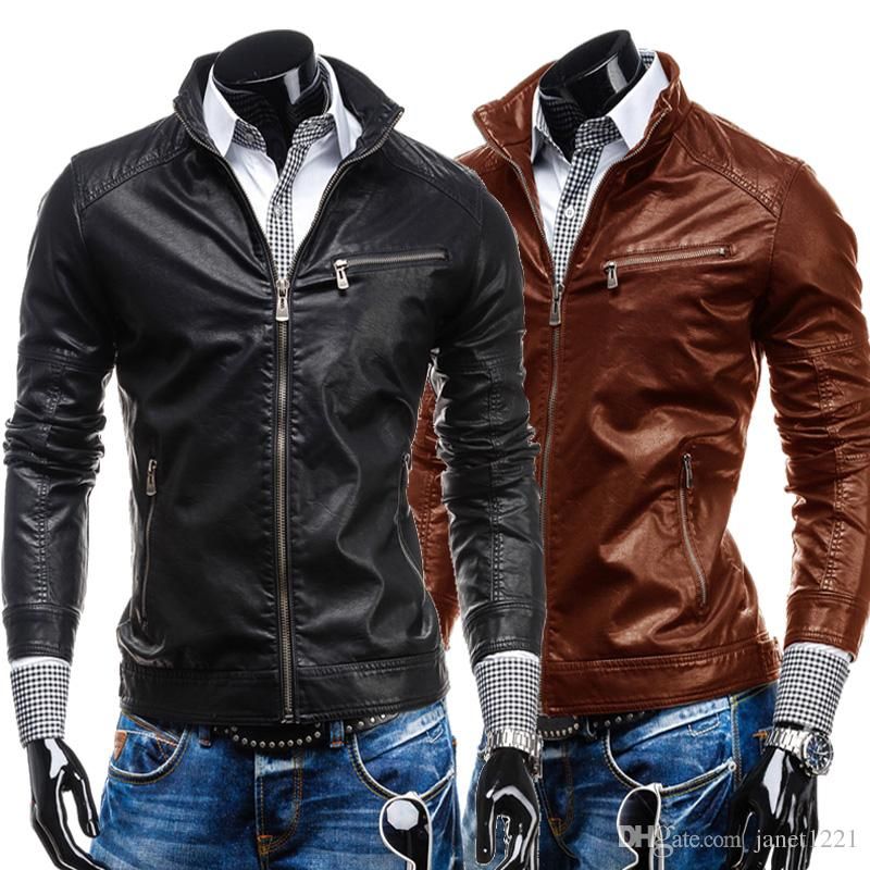 Autumn Mens Cool Leather Jacket Stand Collar Cardigan