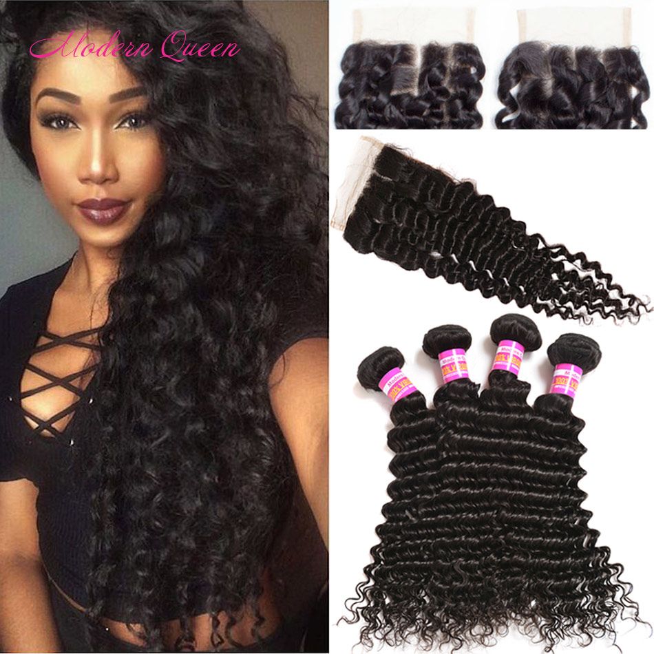 Indian Deep Curly Lace Closure And 4 Bundles Hair Wefts Raw Indian