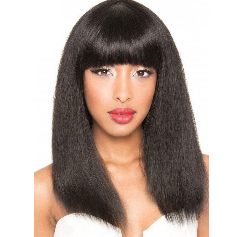 Kinky Straight Full Lace Wig With Bangs 8a Malaysian Italian Coarse