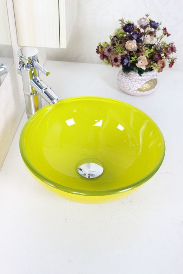 Mini 310mm Yellow Small Round Pots Tempered Glass Vessel Sink With Faucet Set N 102