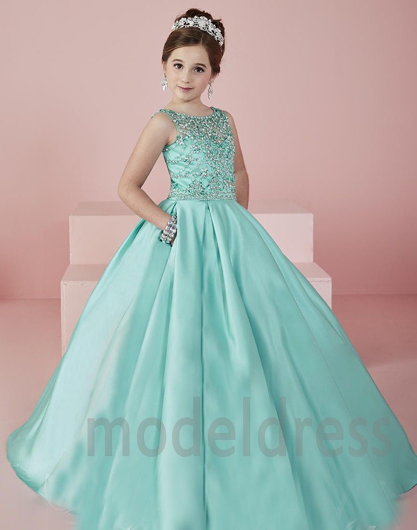 New Shinning Girl's Pageant Dresses 2019 Sheer Neck Beaded Crystal Satin Mint Green Flower Girl Gowns Formal Party Dress For Teens Kids