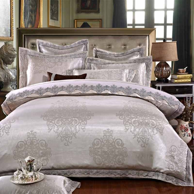 Whole Silver Grey Stain Jacquard Bedding Set King Queen Size Whole Silver Grey Stain Jacquard Bedding Set King Queen Size Lace Duvet Cover Bed Sheet Linen Bedclothes For Teens