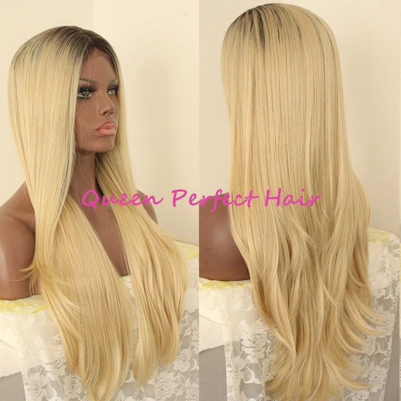 Two Tone Ombre Wig Black Root Blonde Hair Long Silky Straight Heat
