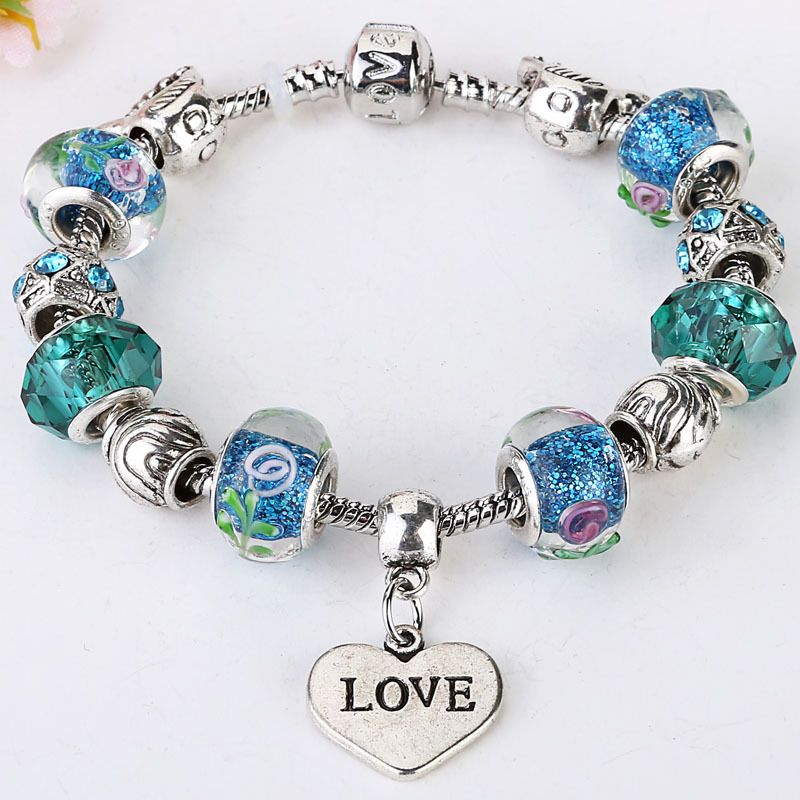 2016 Best Selling 925 Silver Plated Pandora Bracelet Love Style Wholesale Heart Charm Glass ...