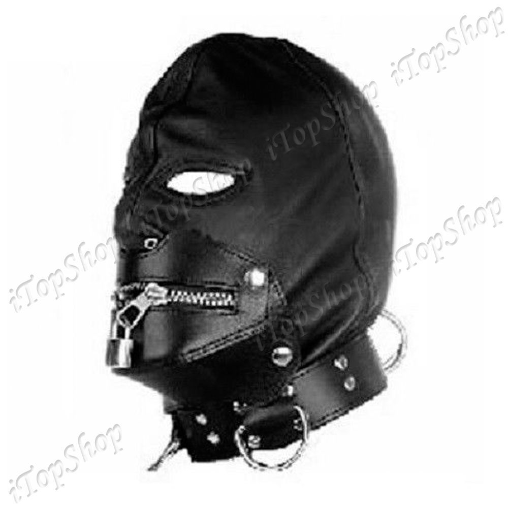 Bondage Zipper Gimp Head Mask Restraint Hood Faux Leather Harness