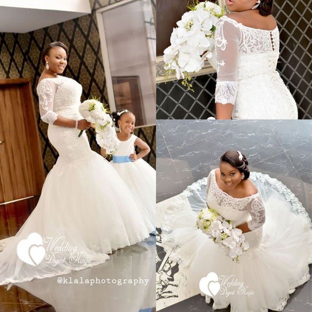  African  Wedding  Dresses  2019 Plus  Size  Half Sleeve Lace 