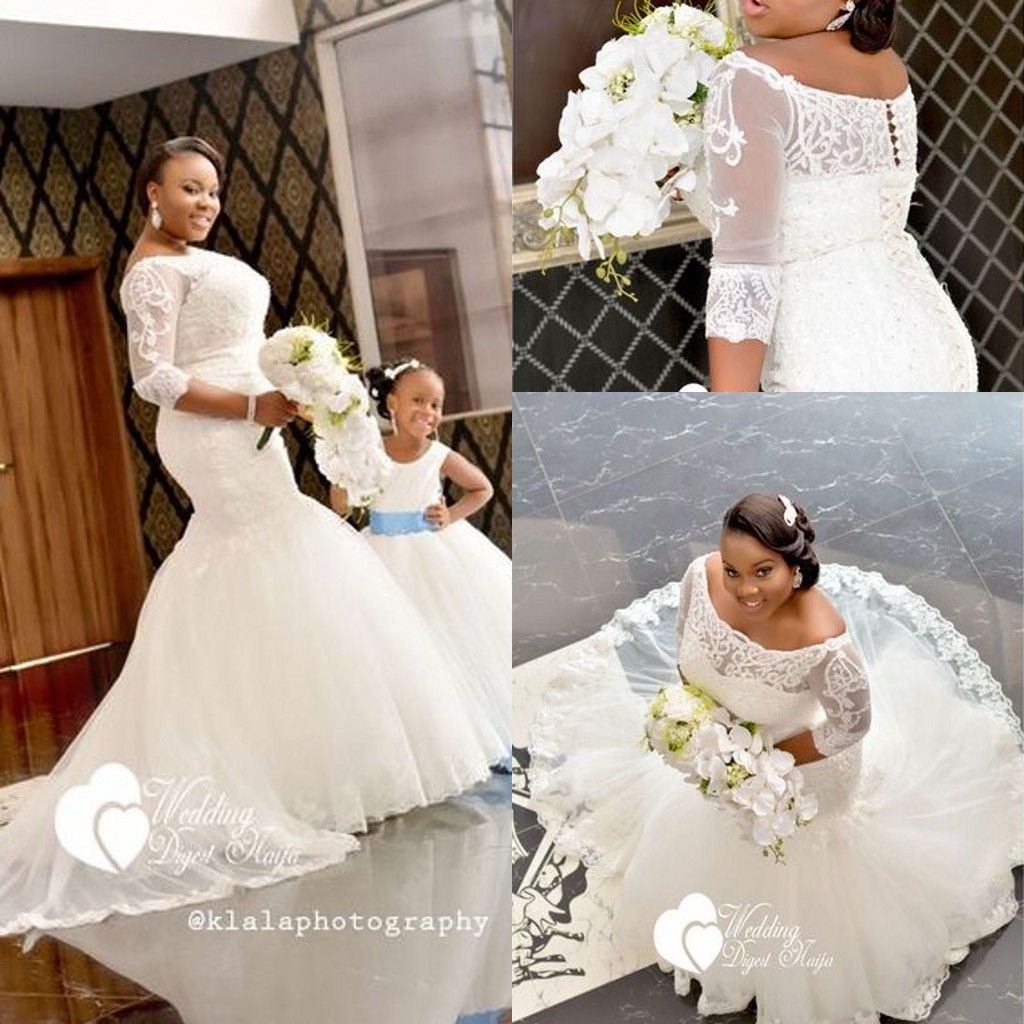 Robes De Mariée Africaines 2018 Plus La Taille à Moitié Manches Dentelle Appliques Off épaule Robes De Mariée Sirène Covereed Bouton Custom Made