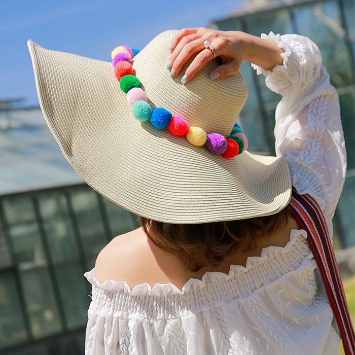 Wide Brim Sun Hat With Pom Pom Sun Protection Straw Beach Caps