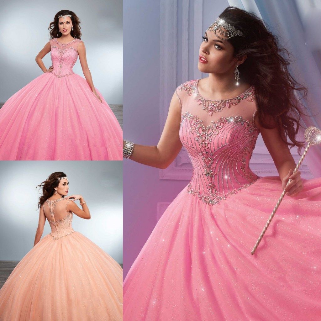 Vintage Pink Quinceanera Dresses Beaded Rhinestones Jewel Neck