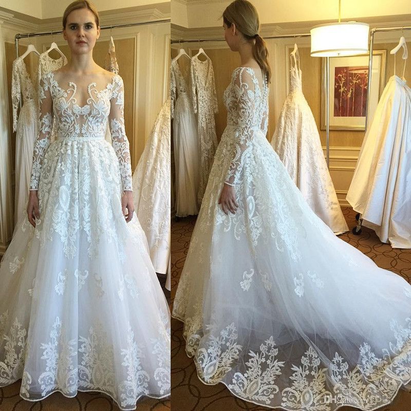 2017 New Zuhair Murad Wedding Dresses Sheer Long Sleeves Lace Appliques ...