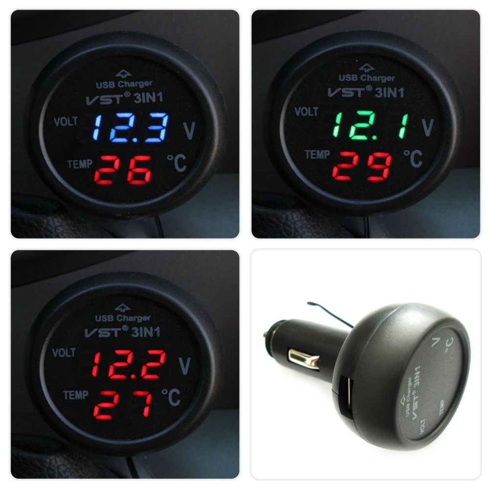 3 in 1 Auto AUTO LED Digital Voltmeter Gauge Thermometer USB Ladegerät 12/24V 