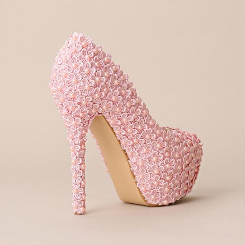 New Sweet Pink Lace Flower Wedding Shoes Handmade Festive Ultra High