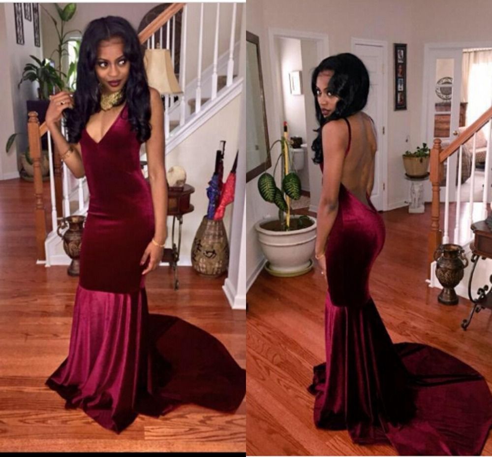 2018 Sexy V Neck Burgundy Evening Dresses Backless Mermaid Black Girl ...