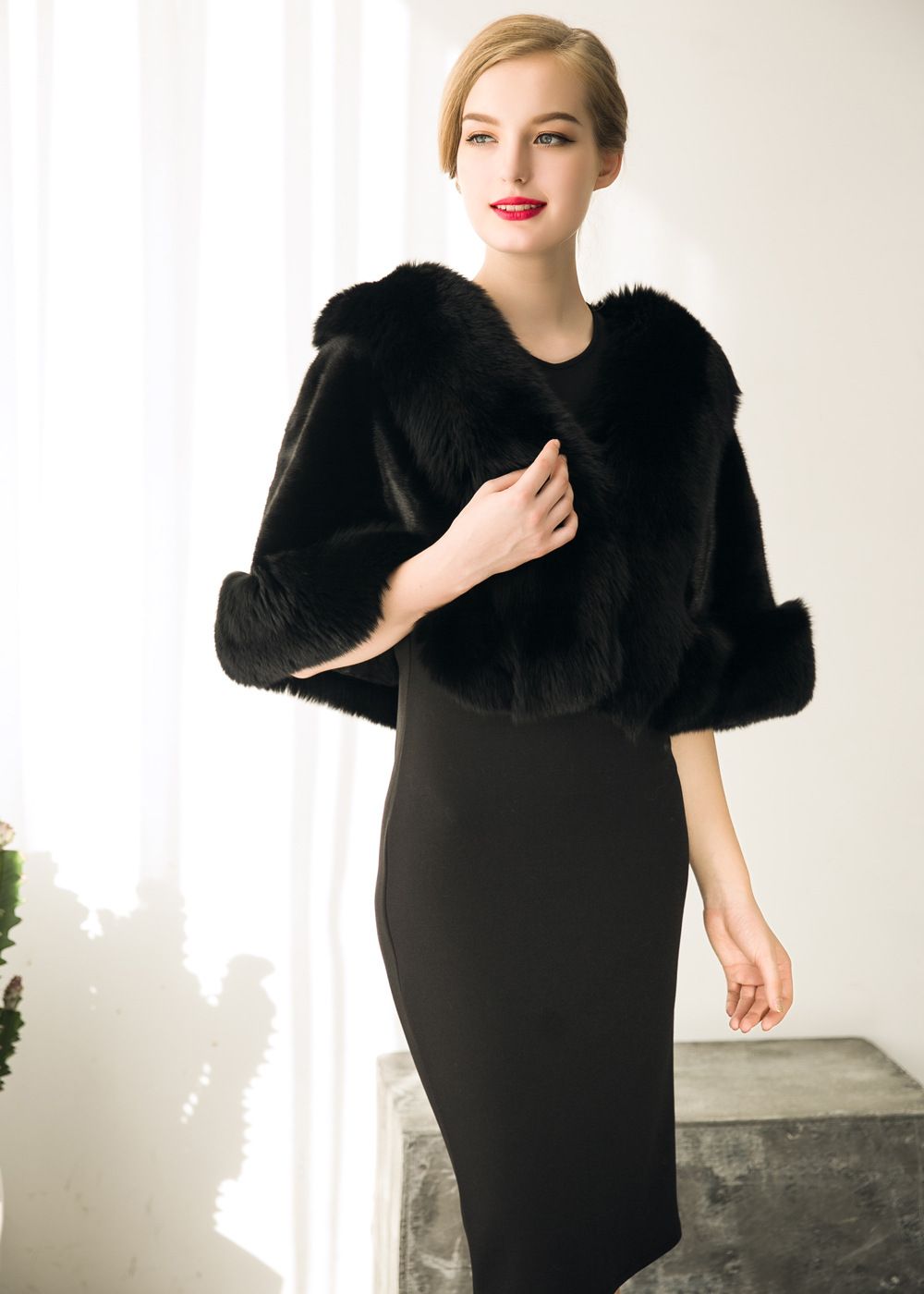 Black Fur Bolero Jacket Wedding Faux Fur Wrap Shawl Winter Coat Women