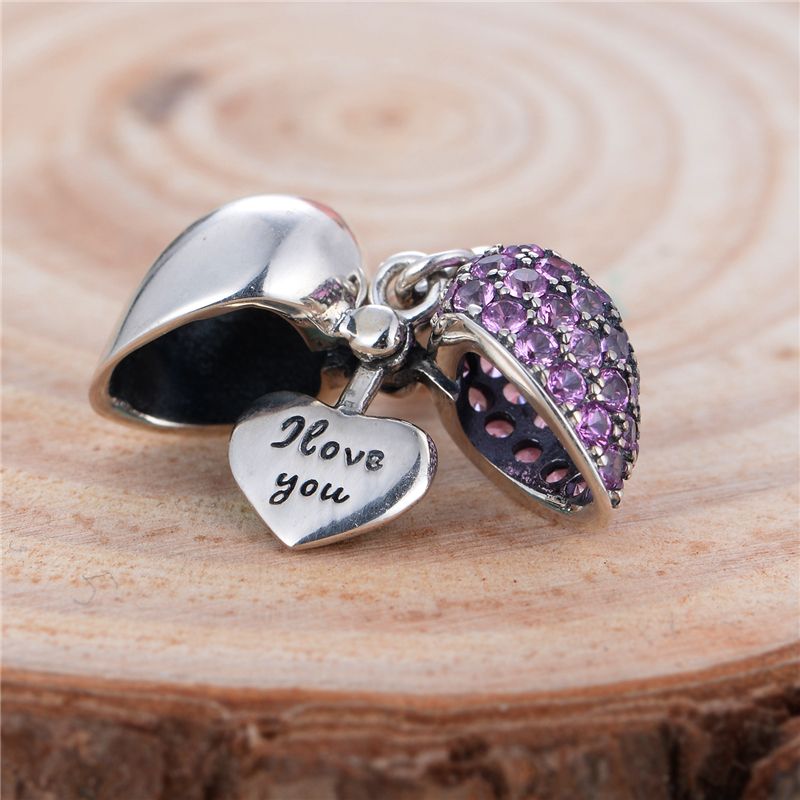 925 Sterling Silver I Love You Heart with Pink Crystals Charm Bead