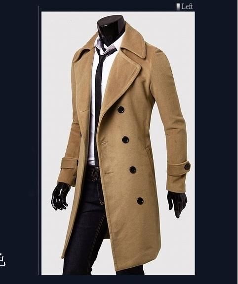 Worsted long Trench Coat Men Double Breasted Long Sleeve Big Turn Down Collar Split Design Slim Fit Man Long Trench Coats Free Ship y038