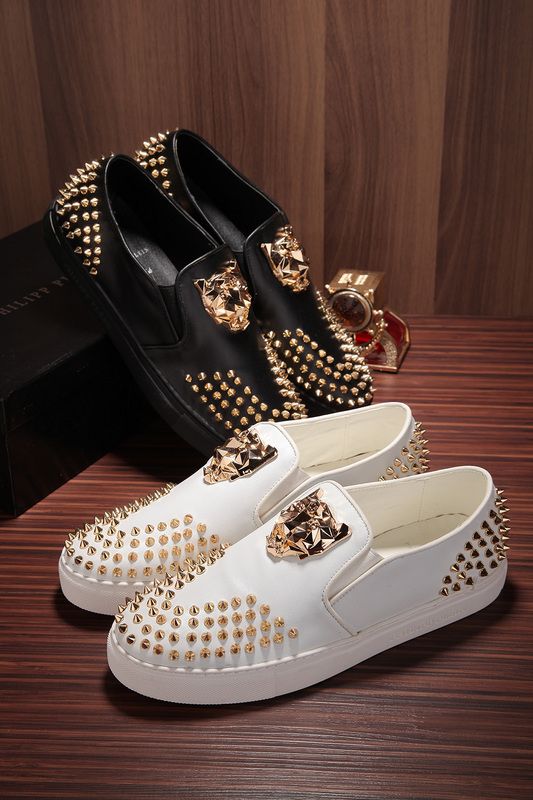 2016 New Arrival Man Black Genuine Leather with Spikes Flats Sneakers ...