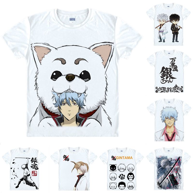Anime GINTAMA Sakata Gintoki Cos Cosplay Costume T-shirt Round Collar Cotton