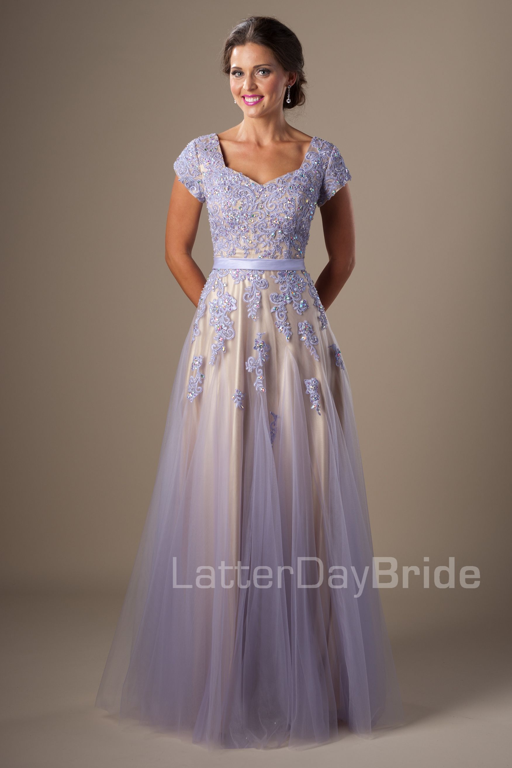 Beaded Lavender Lace Tulle Long Modest Prom Dresses With Cap Sleeves ...