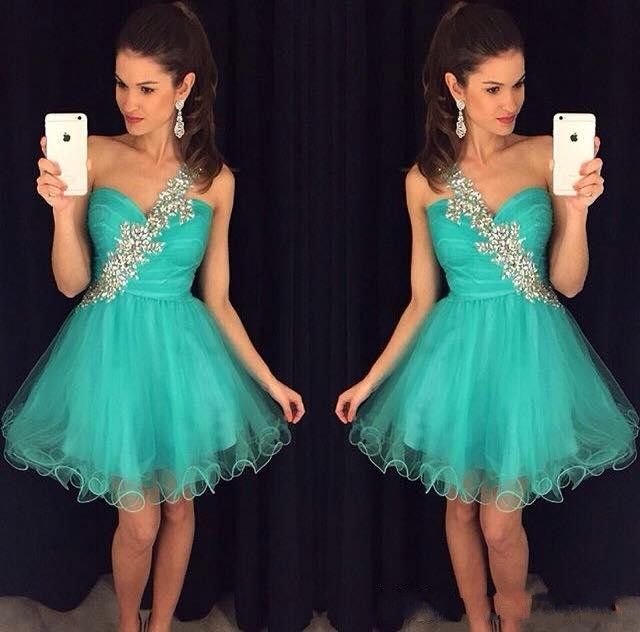 2016 New Cheap Turquoise Teal Homecoming Dresses Tulle One Shoulder ...