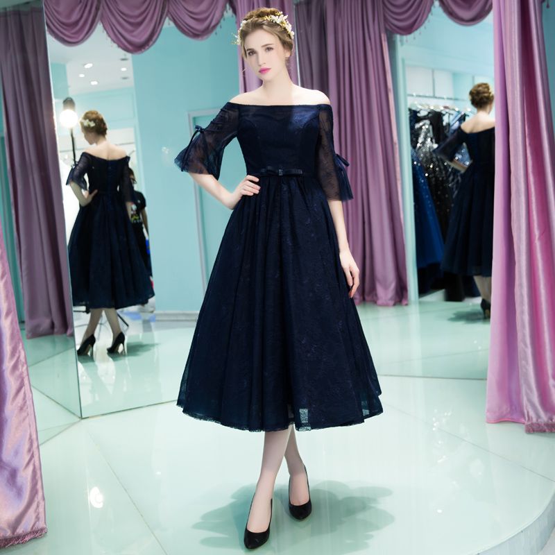 Strapless Tea Length Lace Party Dress