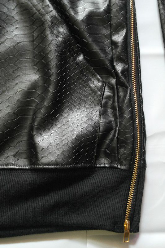 Snakeskin Synthetic leather Hoodies For Men/Fashion Hip Hop Black Pullover 