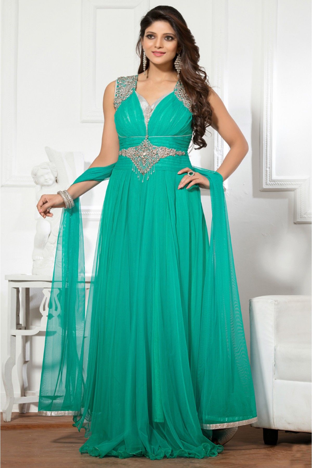 Indian Prom Dresses 2016 Turquoise Green Plus Size Evening Gowns Long Chiffon Beaded Special ...