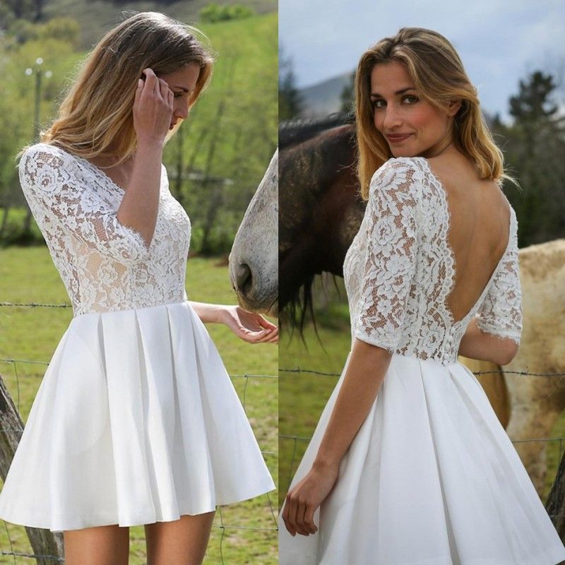 Discount Marie Laporte Short Wedding Dresses Backless V Neck Lace