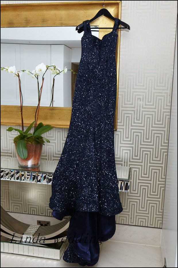Kate Ritchie Vintage Evening Dresses Navy Blue Sleeveless Sexy Sequin Floor Length Formal Special Long Evening Gowns