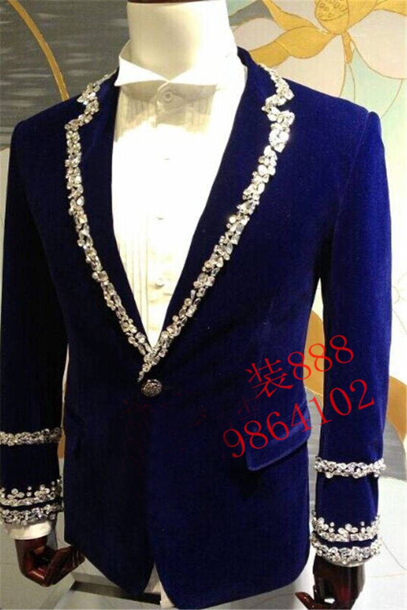 2019 Royal Blue Mens Rhinestone Beading Sewing Collar Sleeve Decoration