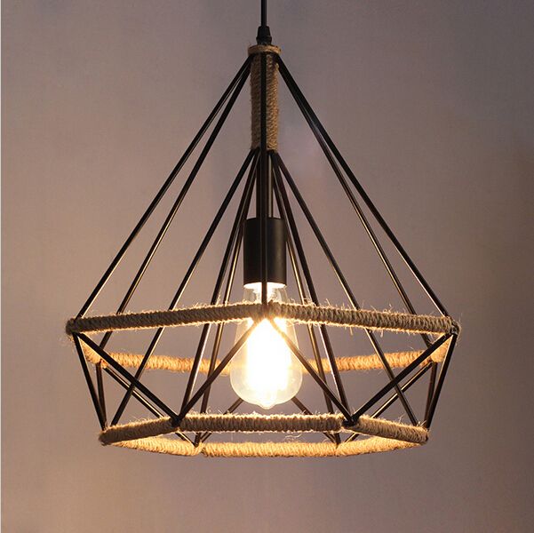 Loft Vintage Hemp Rope Pendant Light Retro Diamond Birdcage Loft Vintage Hemp Rope Pendant Light Retro Diamond Birdcage Lighting Fixtures For Restaurant Bar Decoration Lights