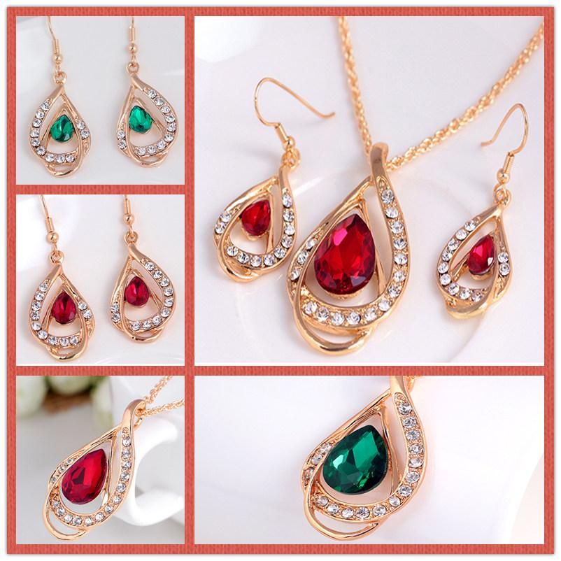 Best Luxury Ruby Emerald Crystal Pendant Necklace + Stud Jewelry Set ...