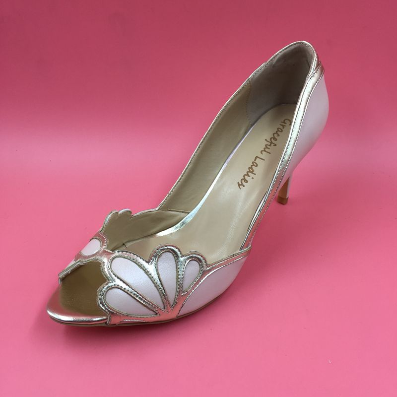 Blush Wedding Shoes Scallop Heel Peep Toe Bridal Sandal Pumps PU Leather 3 Kitten Heels