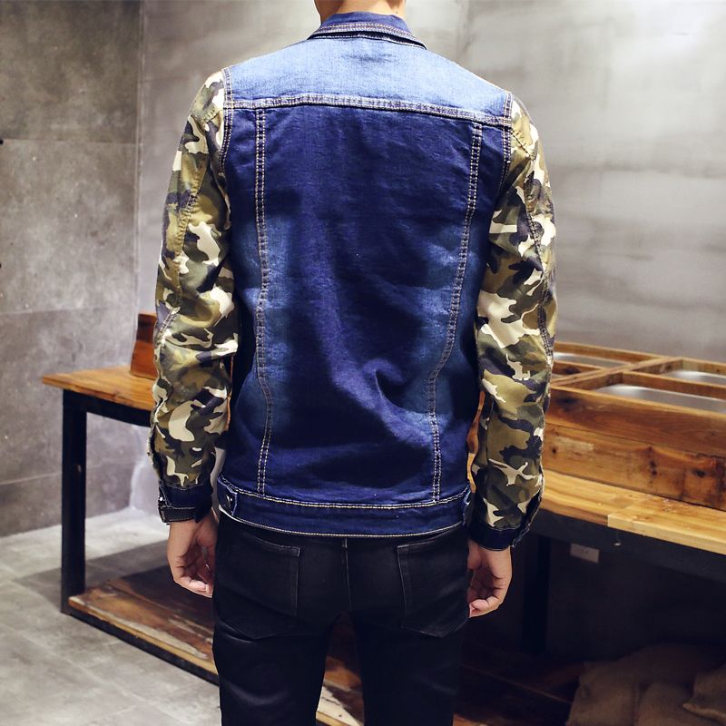 Camouflage Sleeve Splicing Mens Denim Jacket Brand Cotton Casual Mens
