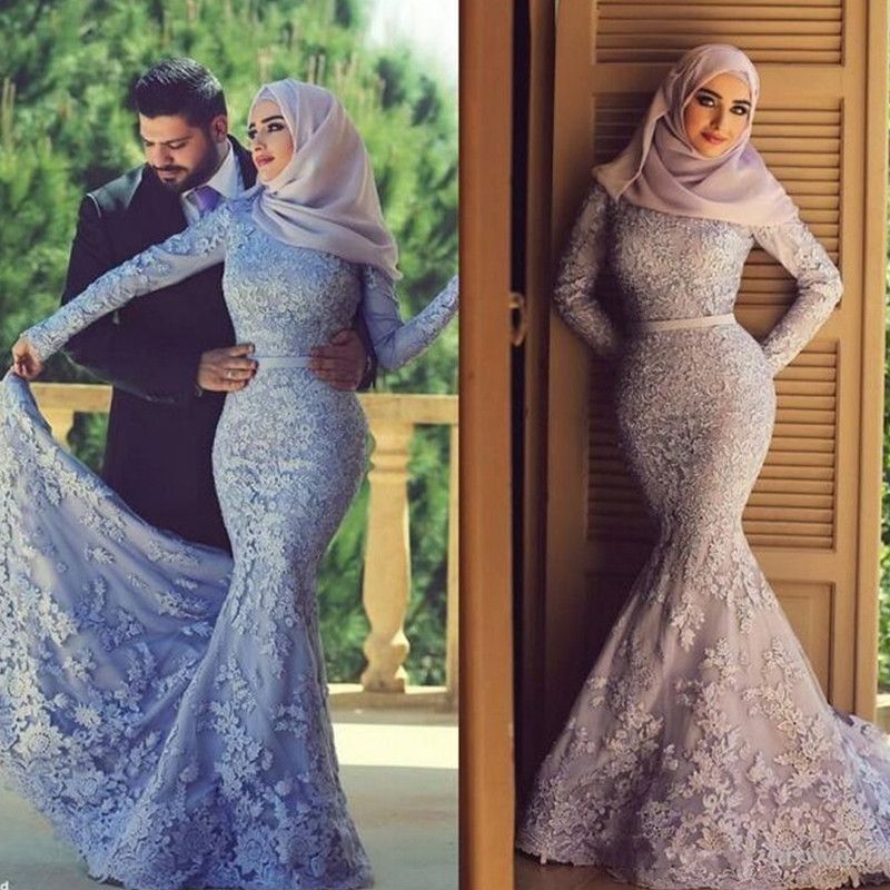 2022 Muslim  Wedding  Dresses  Lace Long Sleeves Mermaid High 