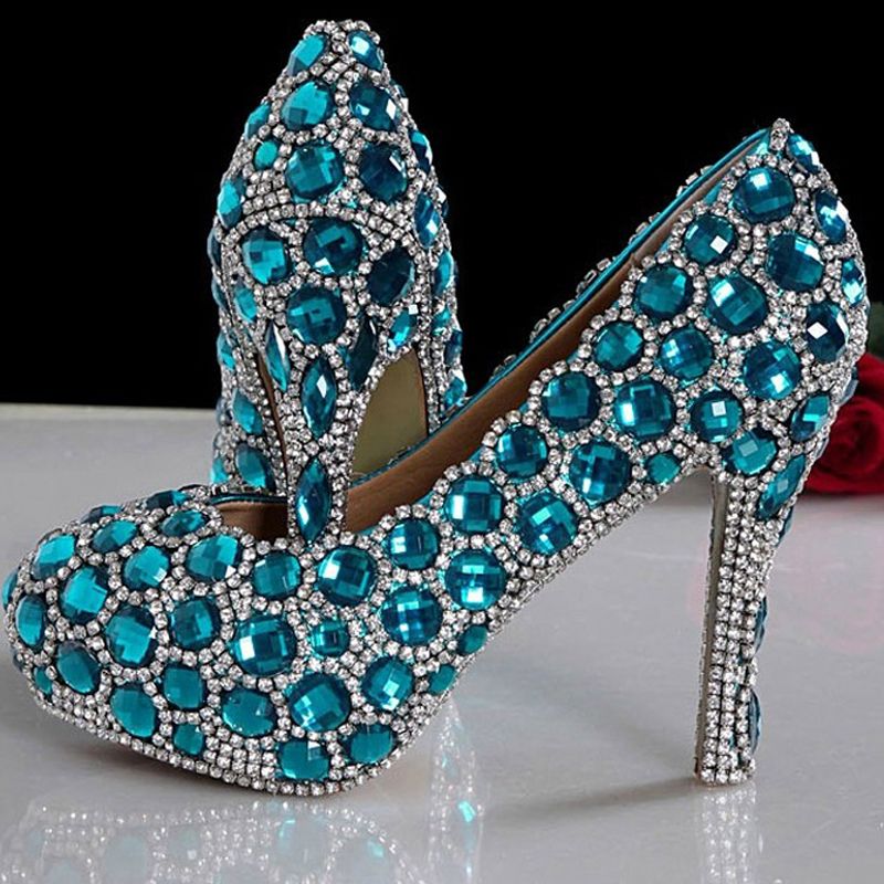 Beautiful Fashion Custom Made Blue Wedding Shoes For Woman Rhinestone