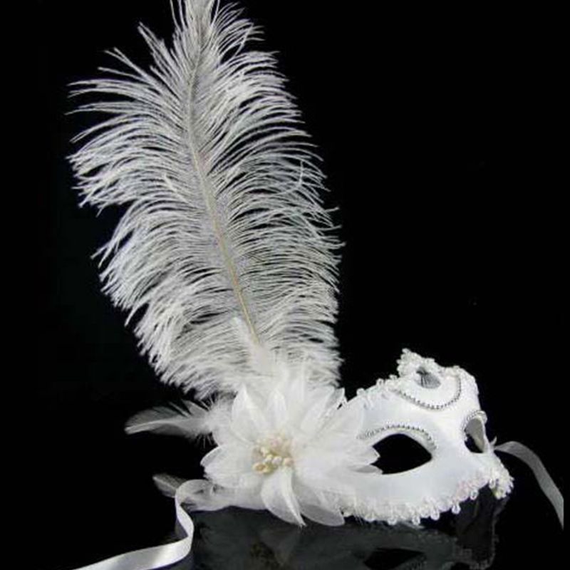 Cheap White Long Feather Eye Mask Masquerade Halloween Ball