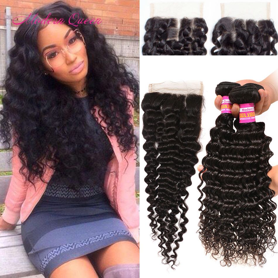 Raw Indian Deep Wave Human Hair Weft 3 Bundles With Lace Closure