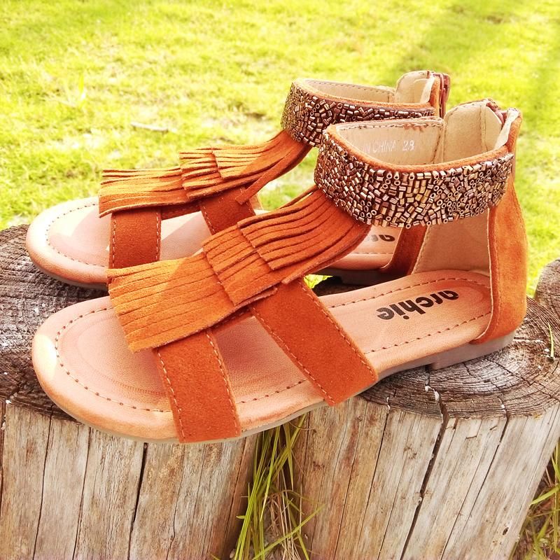 Fringed Flat Kids Sandals Baby Toddler Girls Beads Suede PU Leather TPR