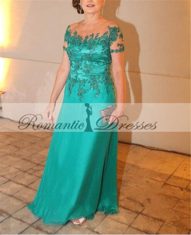 Green Color Short Sleeves Plus Size Evening Dresses Long Mother Of The