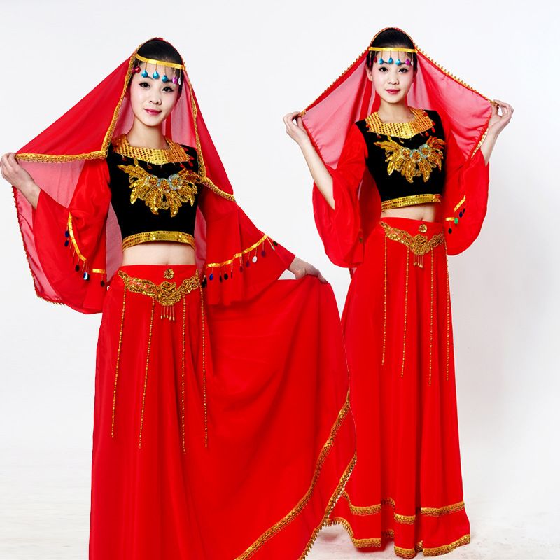 2021 2016 New Arrival Uygur Muslim Costumes Xinjiang India Belly Dance Clothing Long Sleeve Red 