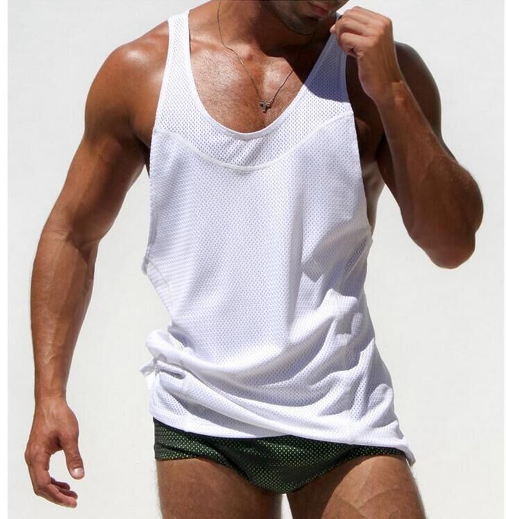 Mesh Bodybuilding Stringer Tank Tops Men Sleeveless Undershirt Fitness Vest T Back Singlet