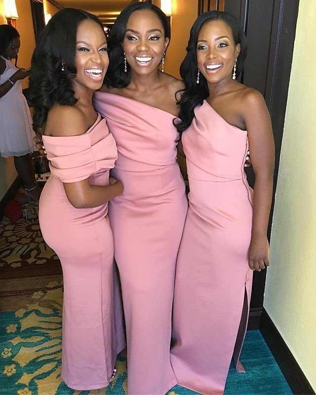 one shoulder blush pink bridesmaid dresses