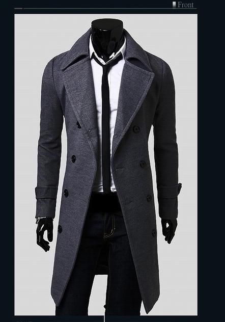 Worsted long Trench Coat Men Double Breasted Long Sleeve Big Turn Down Collar Split Design Slim Fit Man Long Trench Coats Free Ship y038