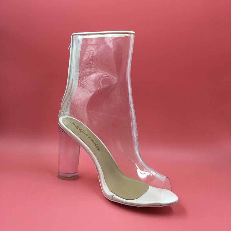 Temizle Plastik Düğün Ayakkabı Çizmeler See Through PVC Kadın Çizmeler Kısa Geri Fermuar Özel Renk Blok Topuklu 10 Pist Koleksiyonları Ayak Bileği Çizmeler