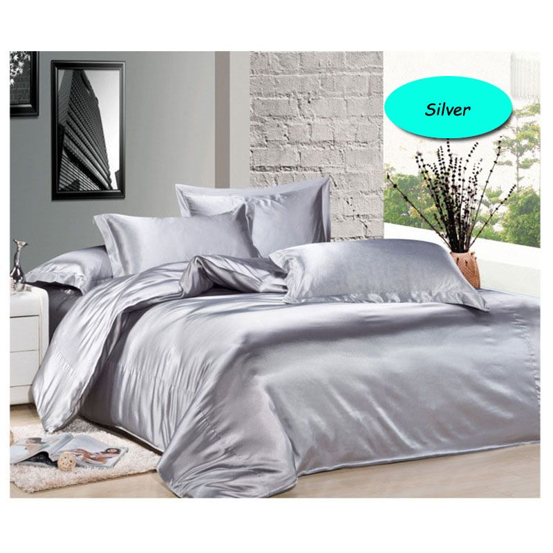 Solid Color Silk Bedding Set Navy Blue Satin Bed Set Tencel Comforter