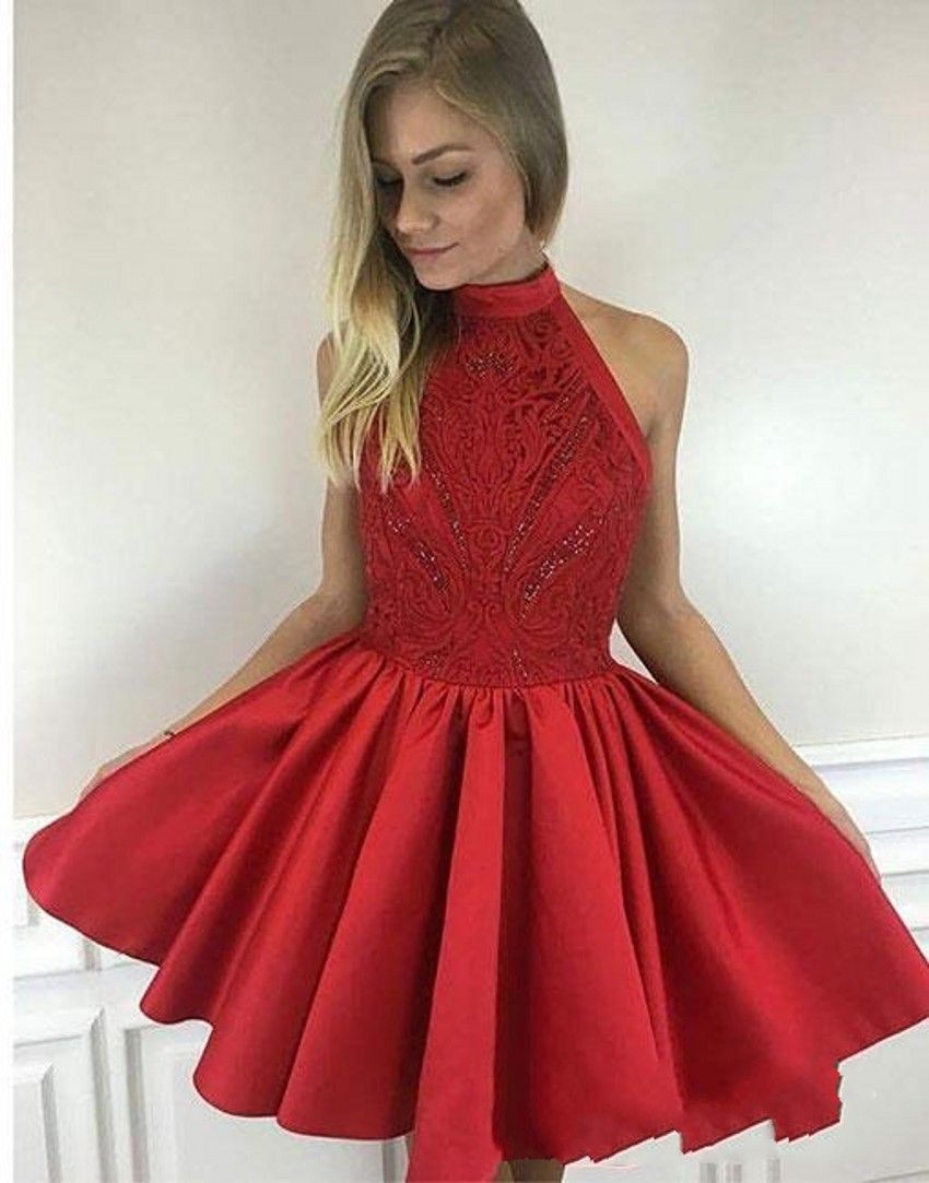 Newest Cute  Mini Short  Red Homecoming  Dresses  High Neck 