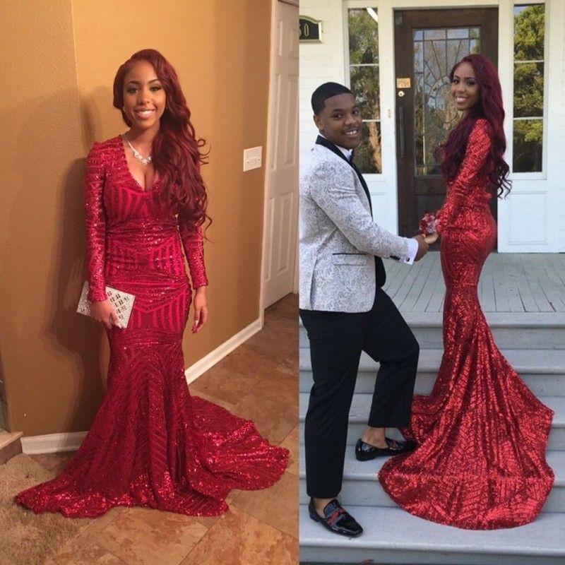 Red Sequined Hot 2k16 Prom Dresses Mermaid V Neck Long Sleeves - 800x800 - jpeg African American Party Dresses