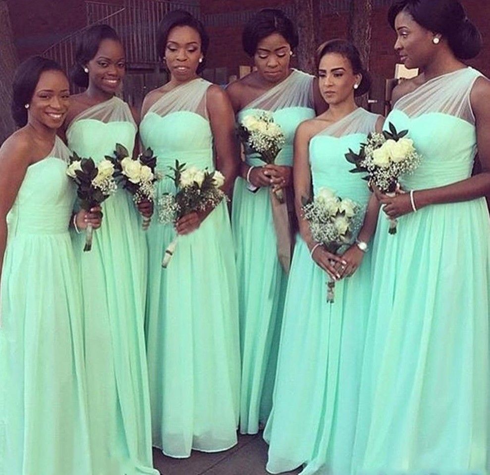 Mint Green Beach Bridesmaids Dresses 2018 One Shoulder A Line Long