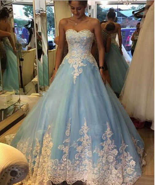 Robe De Mariage Blue Ball Gown Wedding Dresses With White Lace